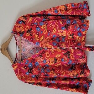 Maison D'Amelie Red Floral Linen Blend Tie Front Top Size Large